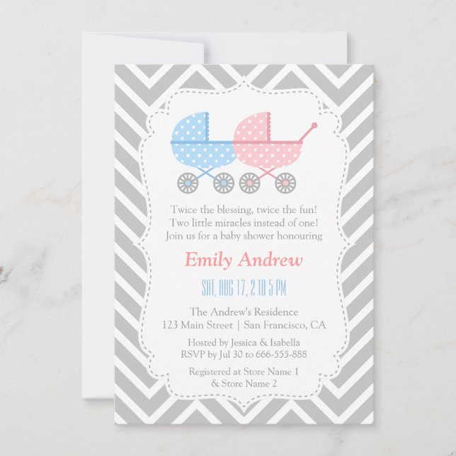 Invitaciones para Baby Shower de Gemelos con Coche (Anverso)