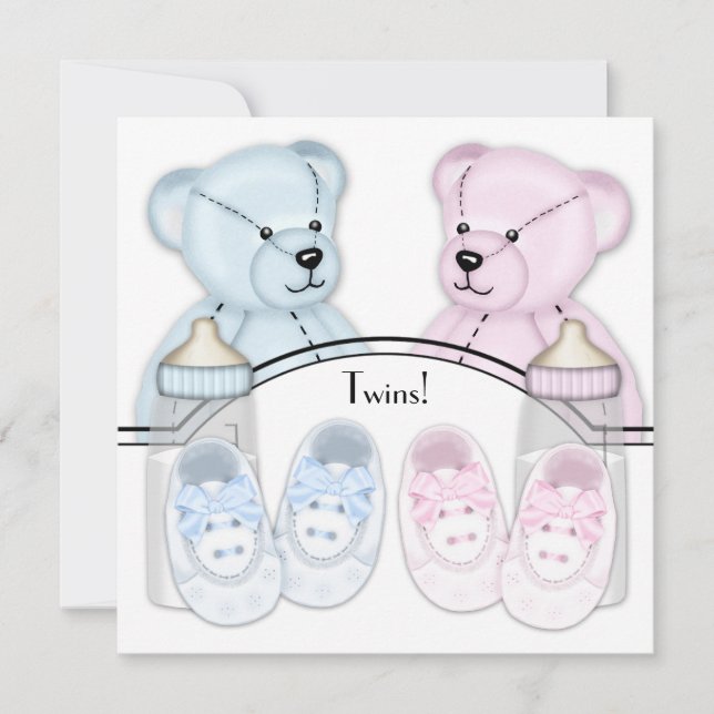 Invitaciones para baby shower de gemelos con osito (Anverso)
