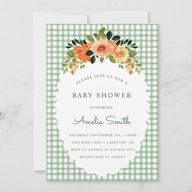 Invitaciones para baby shower de gingham verde bos (Anverso)