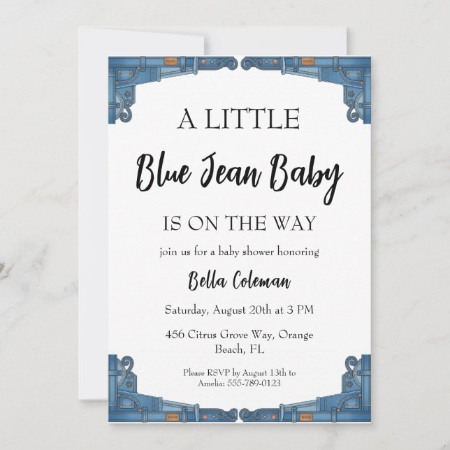 invitaciones para baby shower de jeans azules (Anverso)