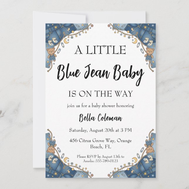 invitaciones para baby shower de jeans azules (Anverso)