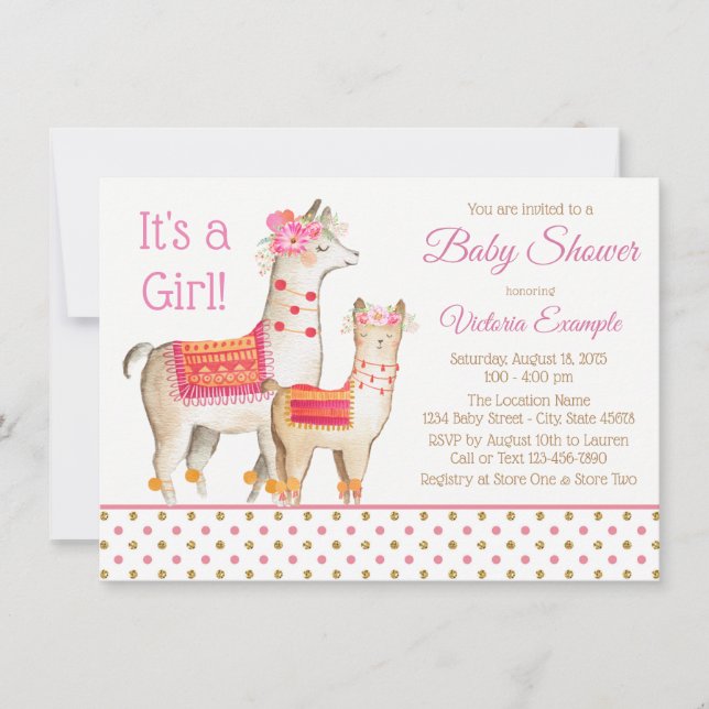 Invitaciones para Baby Shower de Llama Mama Niña (Anverso)