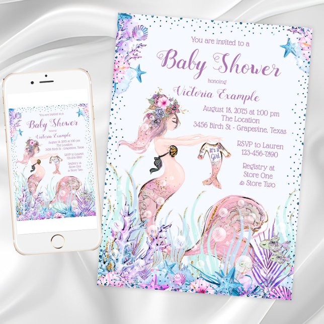 Invitaciones para Baby Shower de Mamá Sirena (Mermaid Mom Baby Shower Invitations. Instant download and printed invitations available.)