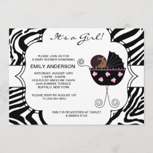 Invitaciones para baby shower de niña cebra rosa y