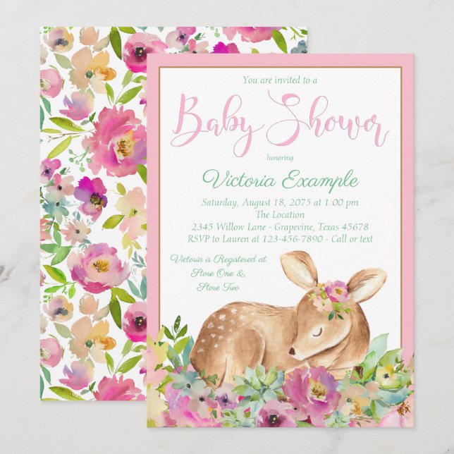 Invitaciones para baby shower de niña con ciervo (Anverso / Reverso)