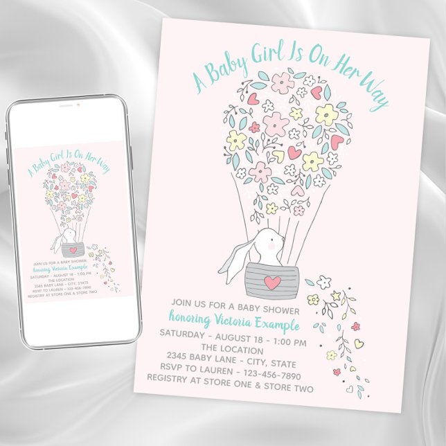 Invitaciones para Baby Shower de Niña con Conejo e (Cute bunny baby shower invitation. Instant download and printed invitations available.)