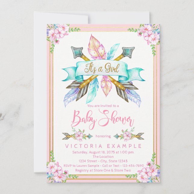 Invitaciones para baby shower de niña con pluma de (Anverso)