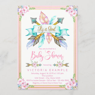 Invitaciones para baby shower de niña con pluma de