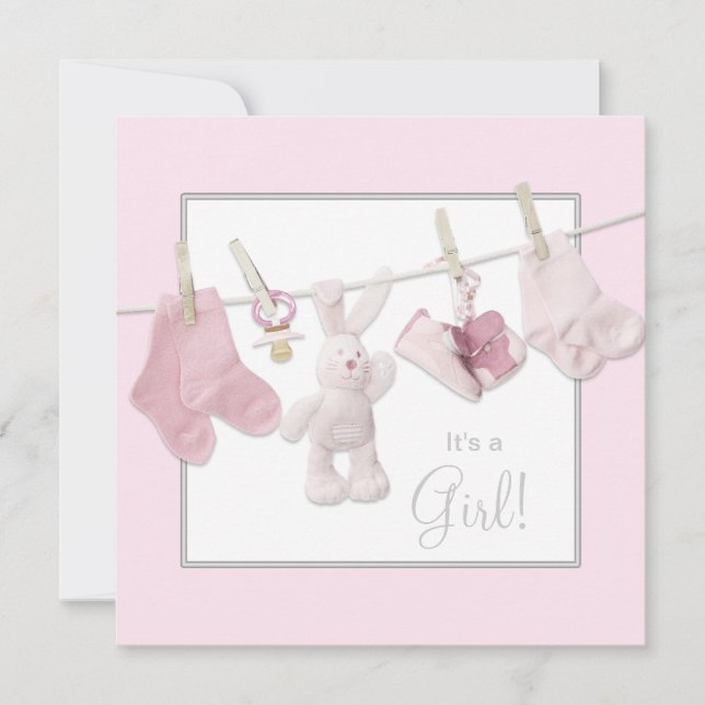 Invitaciones para Baby Shower de Niña con Ropa Ros (Anverso)