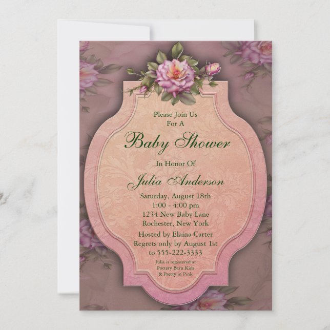 Invitaciones para Baby Shower de Niña con Rosas Ro (Anverso)