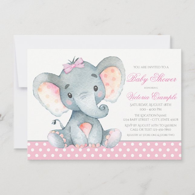 Invitaciones para Baby Shower de Niña Elefante (Anverso)