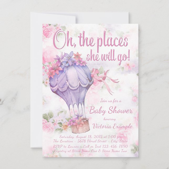 Invitaciones para Baby Shower de Niña Globo Aerost (Anverso)