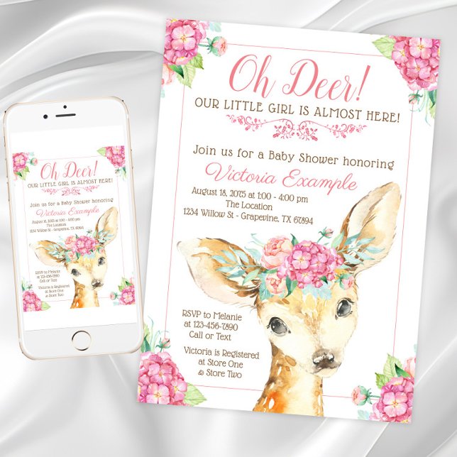 Invitaciones para Baby Shower de Niña "Oh Ciervo" (Girl cute Oh Deer baby shower invitation. Instant download and printed invitations available.)