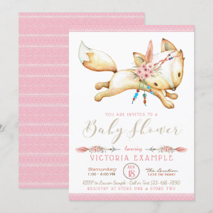 Invitaciones para baby shower de niña tribal zorro