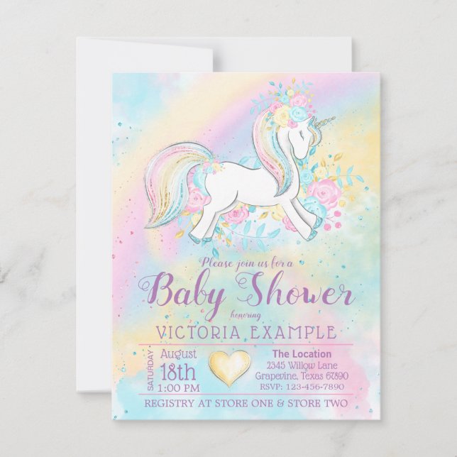 Invitaciones para Baby Shower de Niña Unicornio Ar (Anverso)