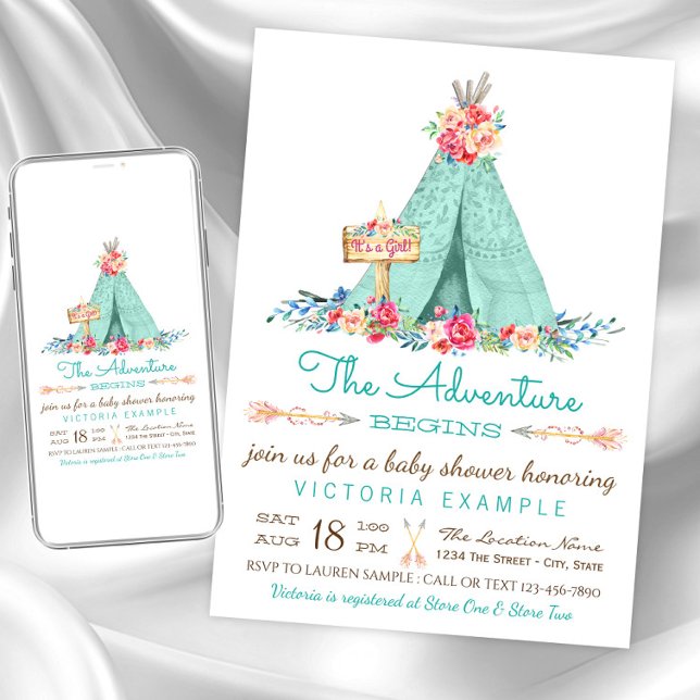 Invitaciones para Baby Shower de Niñas Boho TeePee (Cute teepee baby shower invitation. Instant download and printed invitations available.)