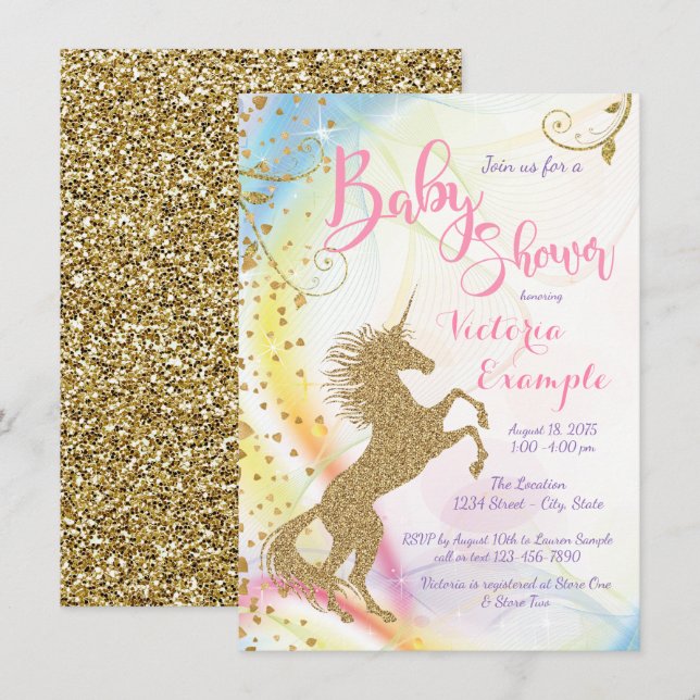 Invitaciones para baby shower de niñas con unicorn (Anverso / Reverso)