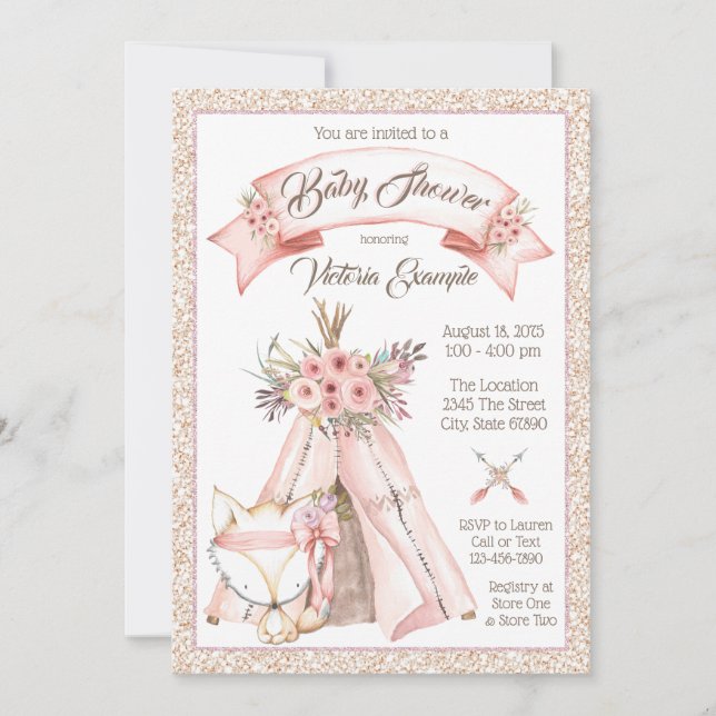 Invitaciones para baby shower de niñas TeePee Fox  (Anverso)