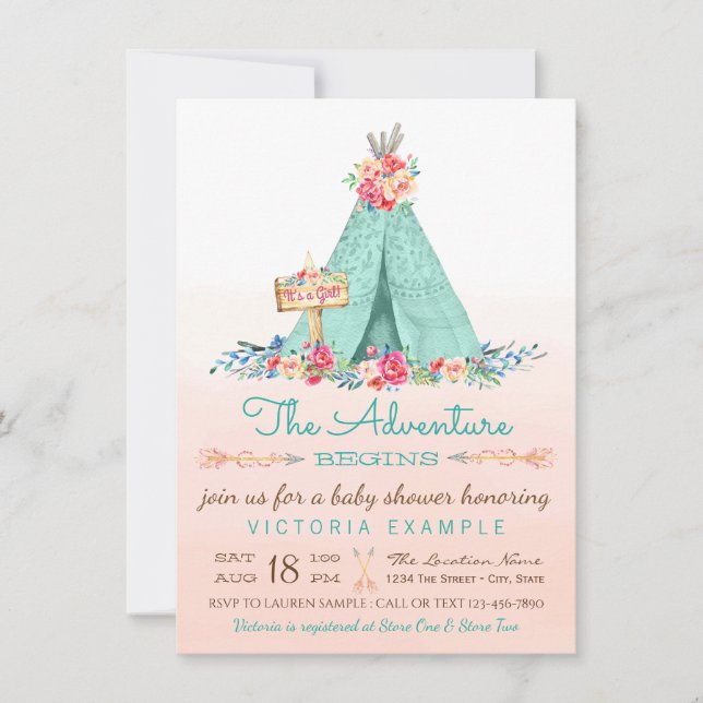 Invitaciones para Baby Shower de Niñas Tipi (Anverso)