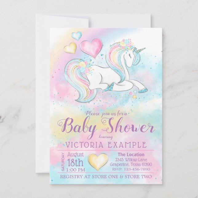 Invitaciones para Baby Shower de Niñas Unicornio (Anverso)