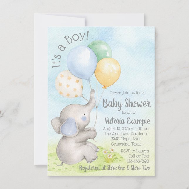 Invitaciones para Baby Shower de Niño con Elefante (Anverso)