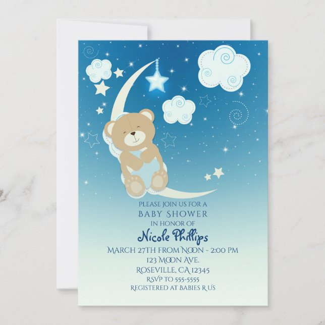 Invitaciones para Baby Shower de Osito y Luna y Es (Anverso)