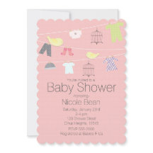 Invitaciones para Baby Shower de pájaros y ropa en