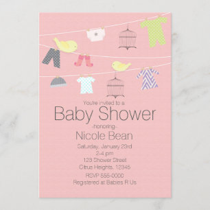 Invitaciones para Baby Shower de Pájaros y Ropa en