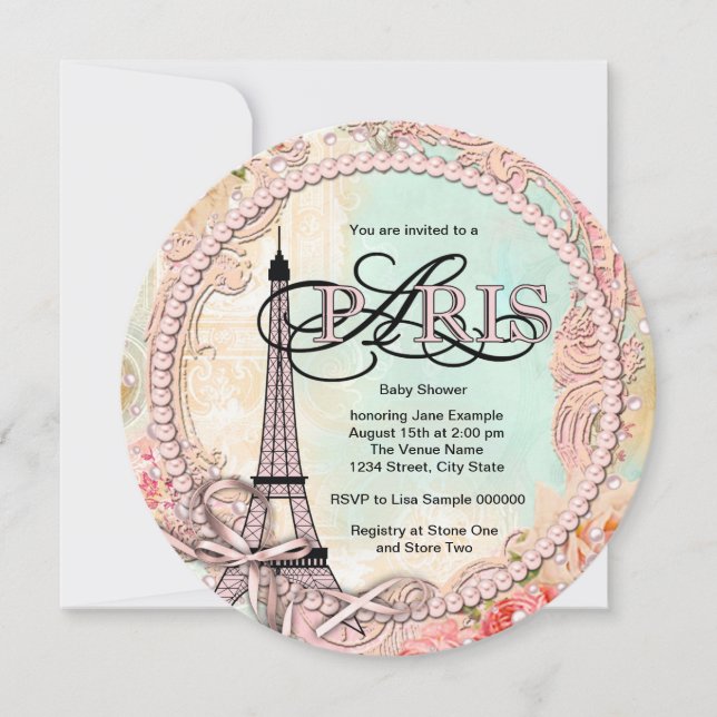 Invitaciones para baby shower de París rosadas (Anverso)
