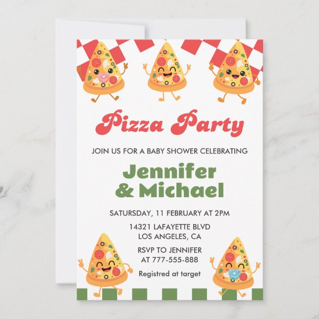 Invitaciones para Baby Shower de Pizza Fiesta de P (Anverso)