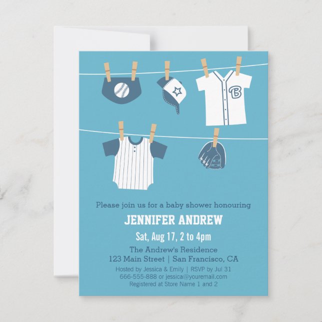Invitaciones para Baby Shower de Ropa de Deportes  (Anverso)