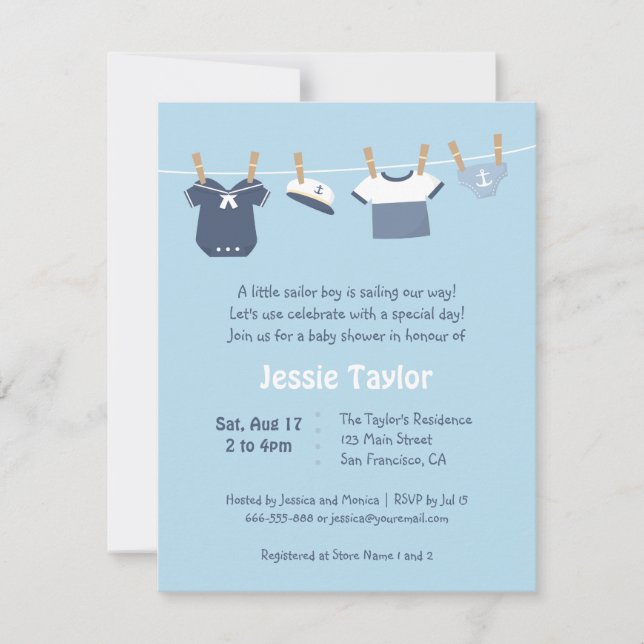 Invitaciones para baby shower de ropa de marinero (Anverso)