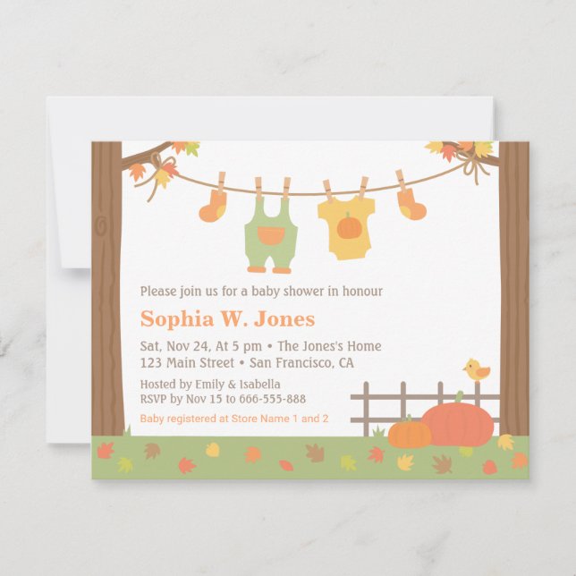 Invitaciones para Baby Shower de Ropa de Otoño (Anverso)