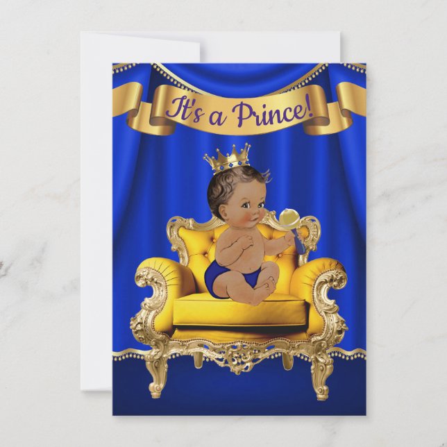 Invitaciones para baby shower de silla dorada azul (Anverso)