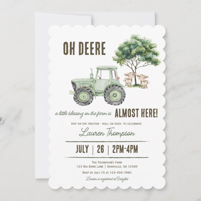 Invitaciones para Baby Shower de Tractor Verde Acu (Anverso)
