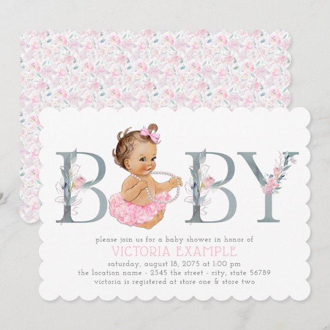 Invitaciones para baby shower de tutú gris rosa (Anverso / Reverso)