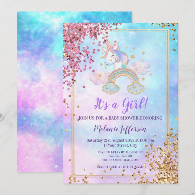 Invitaciones para Baby Shower de Unicornio (Anverso / Reverso)