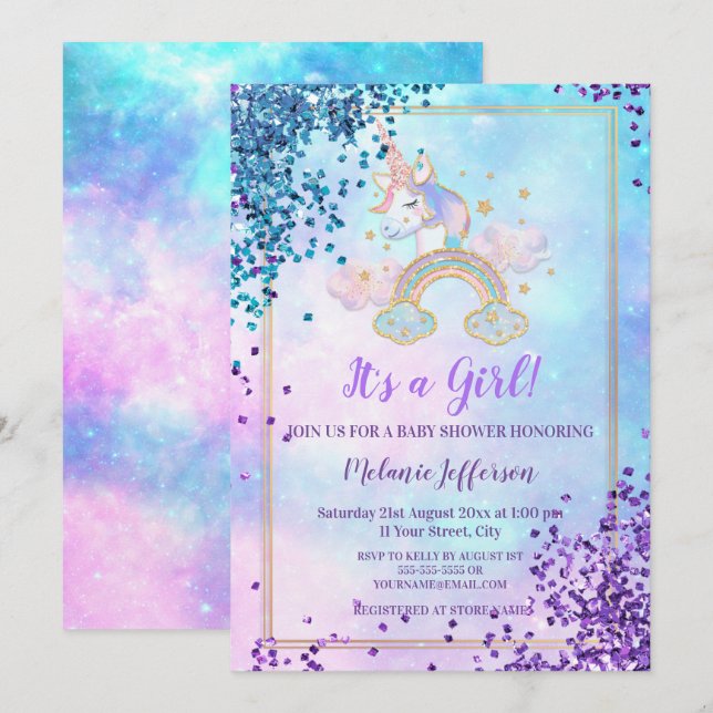 Invitaciones para Baby Shower de Unicornio (Anverso / Reverso)