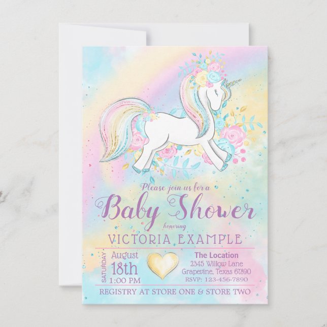 Invitaciones para Baby Shower de Unicornio Arcoíri (Anverso)