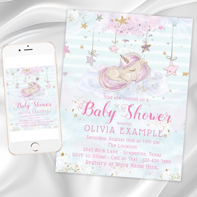 Invitaciones para Baby Shower de Unicornio Dulce (Sweet unicorn baby shower invitation. Instant download and printed invitations available.)