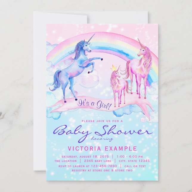 Invitaciones para Baby Shower de Unicornio Pastel  (Anverso)
