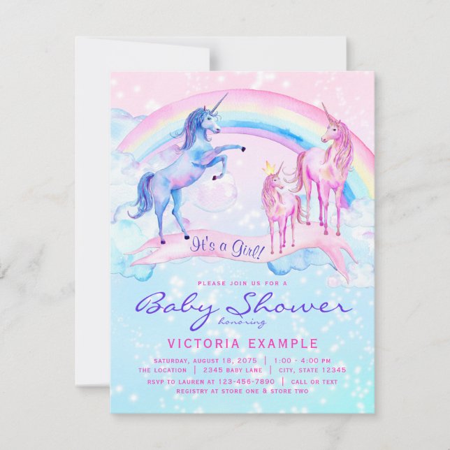 Invitaciones para Baby Shower de Unicornio Pastel  (Anverso)