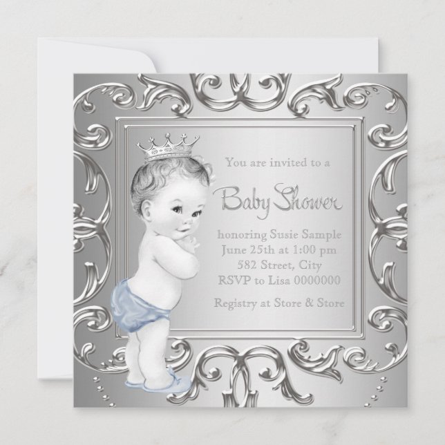 Invitaciones para baby shower del Príncipe Plata A (Anverso)