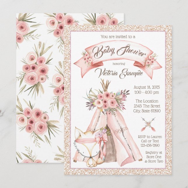 Invitaciones para Baby Shower TeePee Fox (Anverso / Reverso)