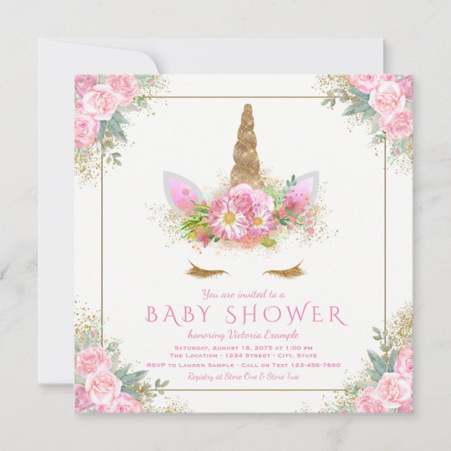 Invitaciones para Baby Shower Unicornio Rosa Dorad (Anverso)