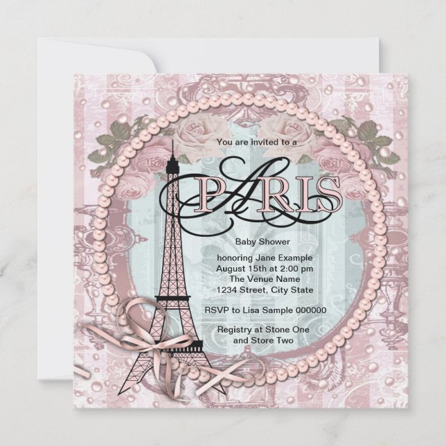 Invitaciones para baby shower Vintage Rosa París (Anverso)