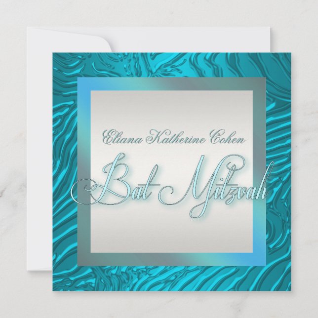 Invitaciones para Bat Mitzvah de cebra azul turque (Anverso)