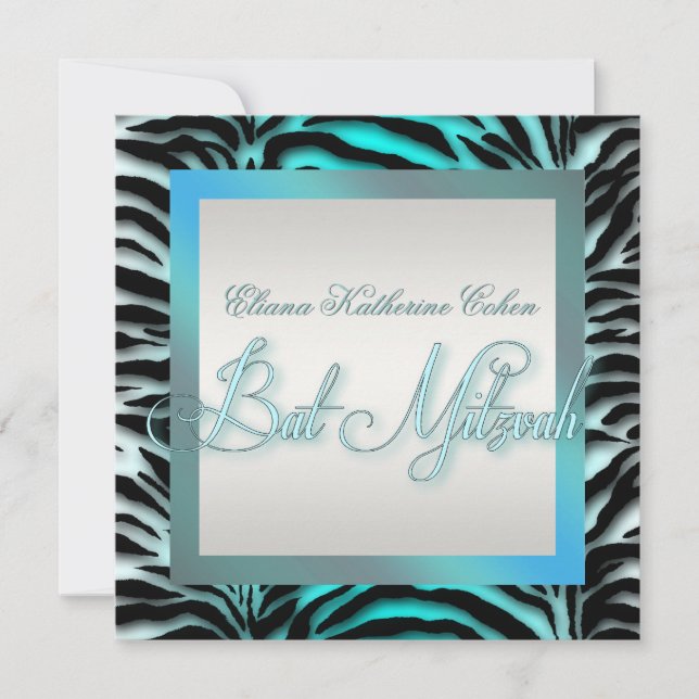 Invitaciones para Bat Mitzvah de cebra azul turque (Anverso)