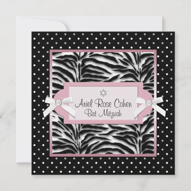 Invitaciones para Bat Mitzvah de lunares rosa cebr (Anverso)