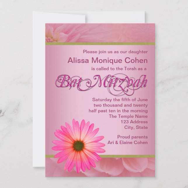 Invitaciones para Bat Mitzvah de margarita rosa (Anverso)